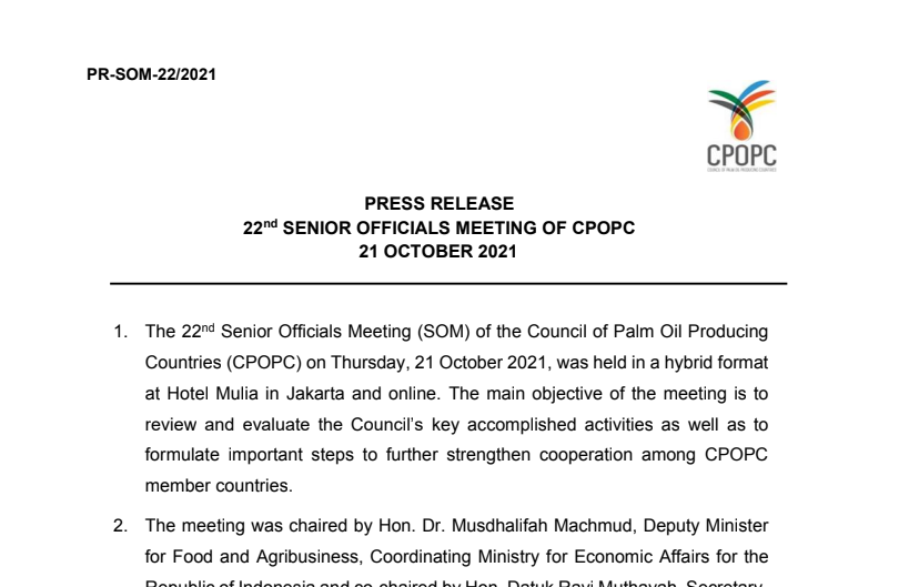 PRESS RELEASE: 22nd SENIOR OFFICIALS MEETING OF CPOPC